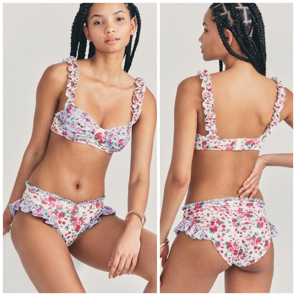 LoveShackFancy Other - LoveShackFancy Annika Fruit Print Bikini Set M Berry Sundae Floral Ruffle Ruched